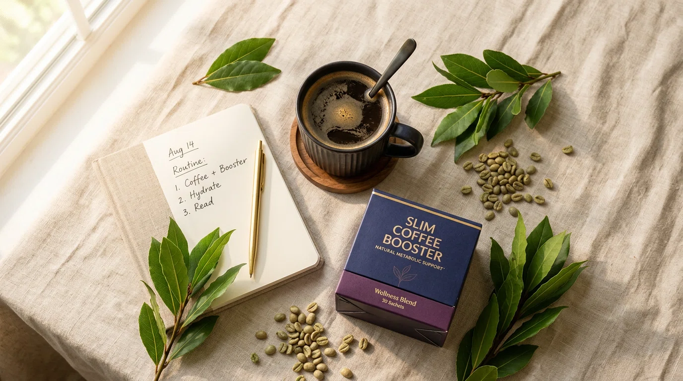 Flat lay morning wellness scene: Slim Coffee Booster box, coffee cup, green leaves, notebook on linen