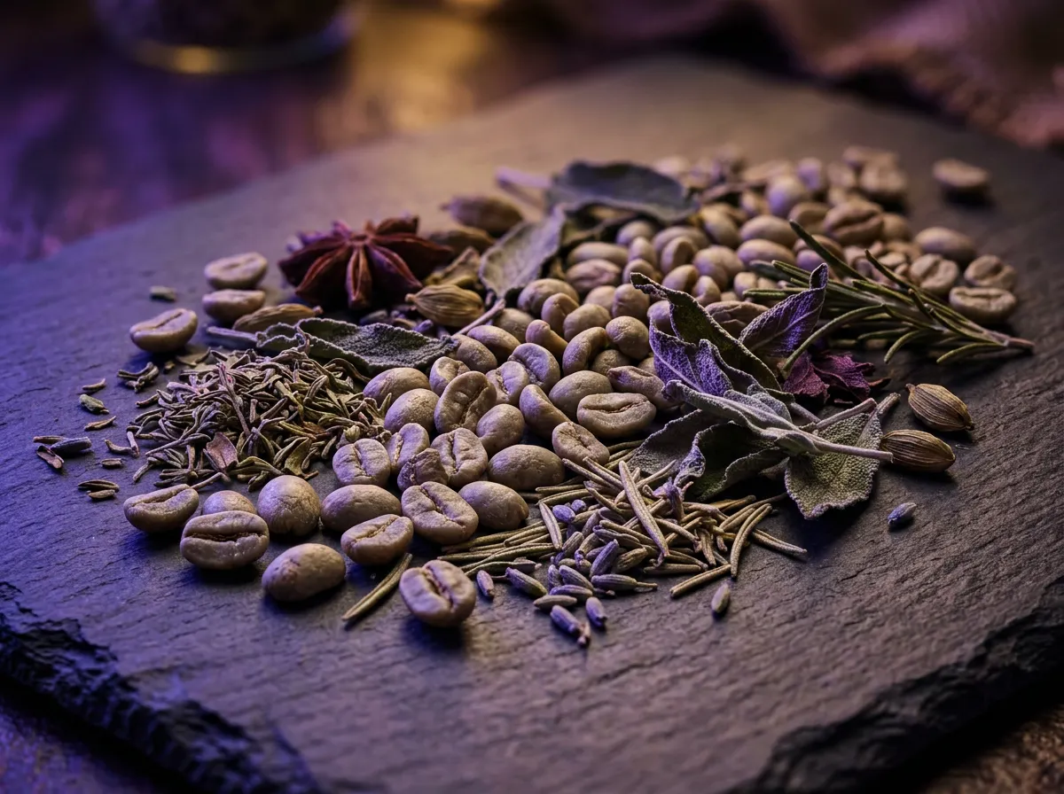 Close-up macro of green coffee beans and dried botanical herbs on dark slate with purple accent lighting